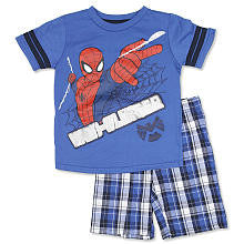 Marvel Boys 2 Piece Blue "Web Slinger" Spider-Man Short Sleeve T Shirt and Plaid Shorts Playwear Set- Toddler