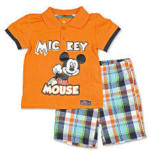 Disney Boys 2 Piece Orange Mickey Mouse Short Sleeve Polo and Plaid Shorts Playwear Set- Toddler