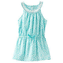 OshKosh Girls Turquoise Print Drawstring Waist Sleeveless Dress with Embroidered Detail Neckline- Toddler