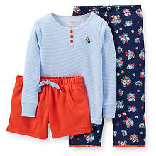 Carter's Girls Navy 3 Piece Pajama Set with Long Sleeve Striped Henley Top, Flower Printed Pant and Solid Short -Toddler