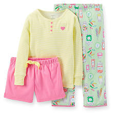 Carter's Girls 3 Piece Pajama Set with Long Sleeve Striped Henley Top, Candy Printed Pant and Solid Short - Toddler