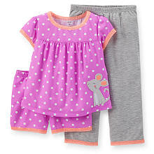 Carter's Girls 3 Piece Pajama Set with Purple Polka Dot Short Sleeve Top, Matching Short and Grey Pant - Toddler