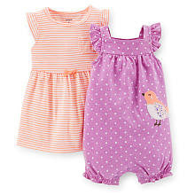 Carter's Girls 2 Pack Pink Striped Flutter Sleeve Dress with Panty and Purple Polka Dot Romper with Bird Embroidery