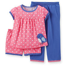 Carter's Girls 3 Piece Pajama Set with Coral Polka Dot Short Sleeve Bird Appliqued Top, Matching Short and Navy Pant