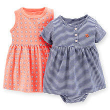 Carter's Girls 2 Pack Coral Printed Sleeveless Dress with Panty and Navy Striped Short Sleeve Bodysuit Dress