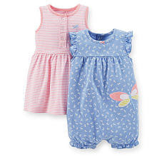 Carter's Girls 2 Pack Pink Striped Sundress with Panty and Blue Butterfly Printed Romper with Applique