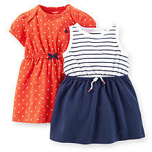 Carter's Girls 2 Pack Sundresses with Navy Striped/Solid Knit Dress with Panty and Red Polka Dot Knit Dress