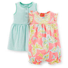 Carter's Girls 2 Pack Pastel Green Striped Sundress with Panty and Light Pink Butterfly Printed Romper