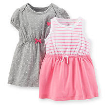 Carter's Girls 2 Pack Sundresses with Pink Striped/Solid Knit Dress with Panty and Grey Polka Dot Knit Dress