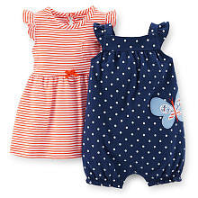 Carter's Girls 2 Pack Red Striped Flutter Sleeve Dress with Panty and Navy Polka Dot Romper with Butterfly Embroidery