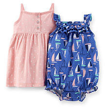 Carter's Girls 2 Pack Blue Sailboat Printed Sleeveless Romper and Pink/White Polka Dot Sleeveless Dress with Panty