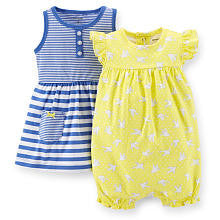 Carter's Girls 2 Pack Blue Striped Sleeveless Dress with Panty and Yellow Printed Flutter Sleeve Romper