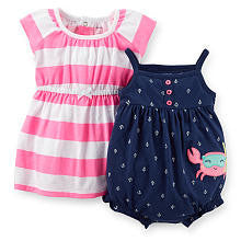 Carter's Girls 2 Pack Navy Anchor Printed Romper and Pink/White Stripe Flutter Sleeve Dress with Panty