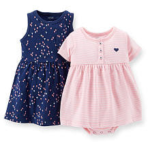 Carter's Girls 2 Pack Navy Heart Printed Sleeveless Dress with Panty and Pink Striped Short Sleeve Bodysuit Dress