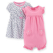 Carter's Girls 2 Pack Black/White Printed Dress with Panty and Pink Polka Dot Romper with Pocket Detail