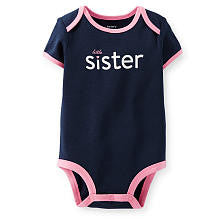 Carter's Girls Navy "Little Sister" Glitter Printed Short Sleeve Slogan Bodysuit with Pink Trim