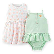 Carter's Girls 2 Pack Light Green Polka Dot Skirted Romper and Star Printed Sleeveless Dress with Panty