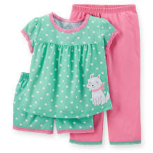 Carter's Girls 3 Piece Pajama Set with Light Blue Polka Dot Short Sleeve Cat Applique Top, Matching Short and Coral Pant