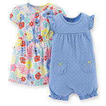 Carter's Girls 2 Pack Floral Printed Dress with Panty and Blue Polka Dot Romper with Pocket Detail