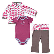 Yoga Sprout Girls 3 Piece Purple Playwear Set with Chevron Print Zip Up Cardigan, Bodysuit, and Yoga Pant