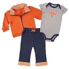 Yoga Sprout Boys 3 Piece Navy/Orange Playwear Set with Zip Up Cardigan, Short Sleeve Bodysuit, and Cuffed Pants