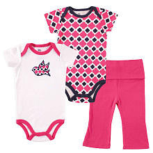 Yoga Sprout Girls 3 Piece Navy/Pink Birdie Playwear Set with 2 Short Sleeve Bodysuits and Fold Over Yoga Pants