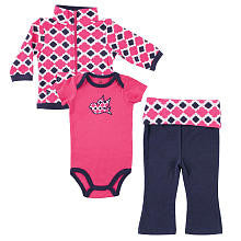 Yoga Sprout Girls 3 Piece Navy/Pink Playwear Set with Printed Zip Up Cardigan, Bodysuit, and Fold Over Yoga Pants