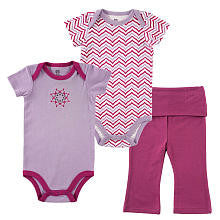 Yoga Sprout Girls 3 Piece Fuchsia/Purple Lotus Playwear Set with 2 Short Sleeve Bodysuits and Fold Over Yoga Pants