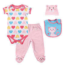 Luvable Friends Girls 3 Piece Kitty Layette Set with Heart Print Bodysuit, Footed Pant, Kitty Hat, and Bib