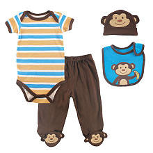 Luvable Friends Boys 4 Piece Monkey Layette Set with Striped Bodysuit, Footed Pants, Monkey Hat, and Bib