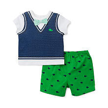 Little Me Boys 2 Piece White/Blue Faux Sweater Vest Short Sleeve T Shirt with Bow Tie and Green Whale Schiffli Short Set