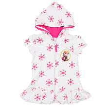 Disney Frozen Girls Anna White/Pink Snowflake Print Terry Short Sleeve Zip Up Hooded Cover Up