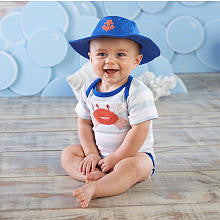 Baby Aspen Boys White/Light Blue Striped "Fun in the Sun" Crab Applique Bodysuit with Matching Hat Gift Set- 0-6Months