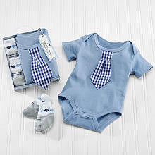 Baby Aspen Boys Light Blue Bodysuit with Faux Gingham Print Tie and Faux Shoe Print Socks "Little Man" Gift Set