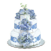 Bloomers Baby Diaper Cake-Classic Blue Hydrangeas with Blue Circles - Small 2-Tier