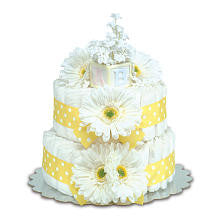 Bloomers Baby Diaper Cake-Classic Yellow Daisies with Polka Dots - Small 2-Tier