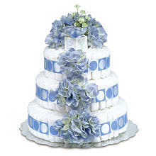 Bloomers Baby Diaper Cake-Classic Blue Hydrangeas with Blue Circles - Large 3-Tier