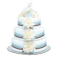 Bloomers Baby Diaper Cake-Modern Cream Dahlias with Aqua & Chocolate Stripes - Large 3-Tier