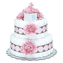 Bloomers Baby Diaper Cake-Modern Pink Mums with Pink & Chocolate Dots - Small 2-Tier