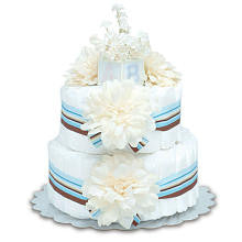 Bloomers Baby Diaper Cake-Modern Cream Dahlias with Aqua & Chocolate Stripes - Small 2-Tier