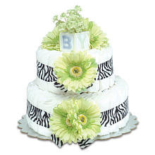 Bloomers Baby Diaper Cake-Safari Lime Green Daisies with Zebra Print - Small 2-Tier