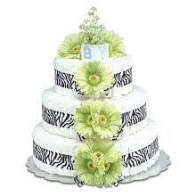 Bloomers Baby Diaper Cake-Safari Lime Green Daisies with Zebra Print - Large 3-Tier