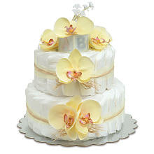 Bloomers Baby Diaper Cake-Hawaiian Yellow Orchids with Yellow Tulle & Raffia - Small 2-Tier