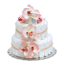 Bloomers Baby Diaper Cake-Hawaiian Pink Orchids with Pink Tulle & Raffia - Small 2-Tier