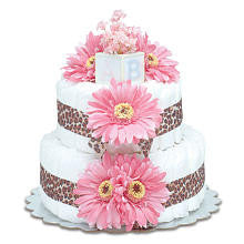 Bloomers Baby Diaper Cake-Safari Hot Pink Daisies with Leopard Print - Small 2-Tier