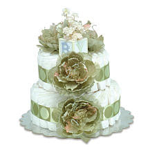 Bloomers Baby Diaper Cake-Classic Sage Peonies with Sage Circles - Small 2-Tier